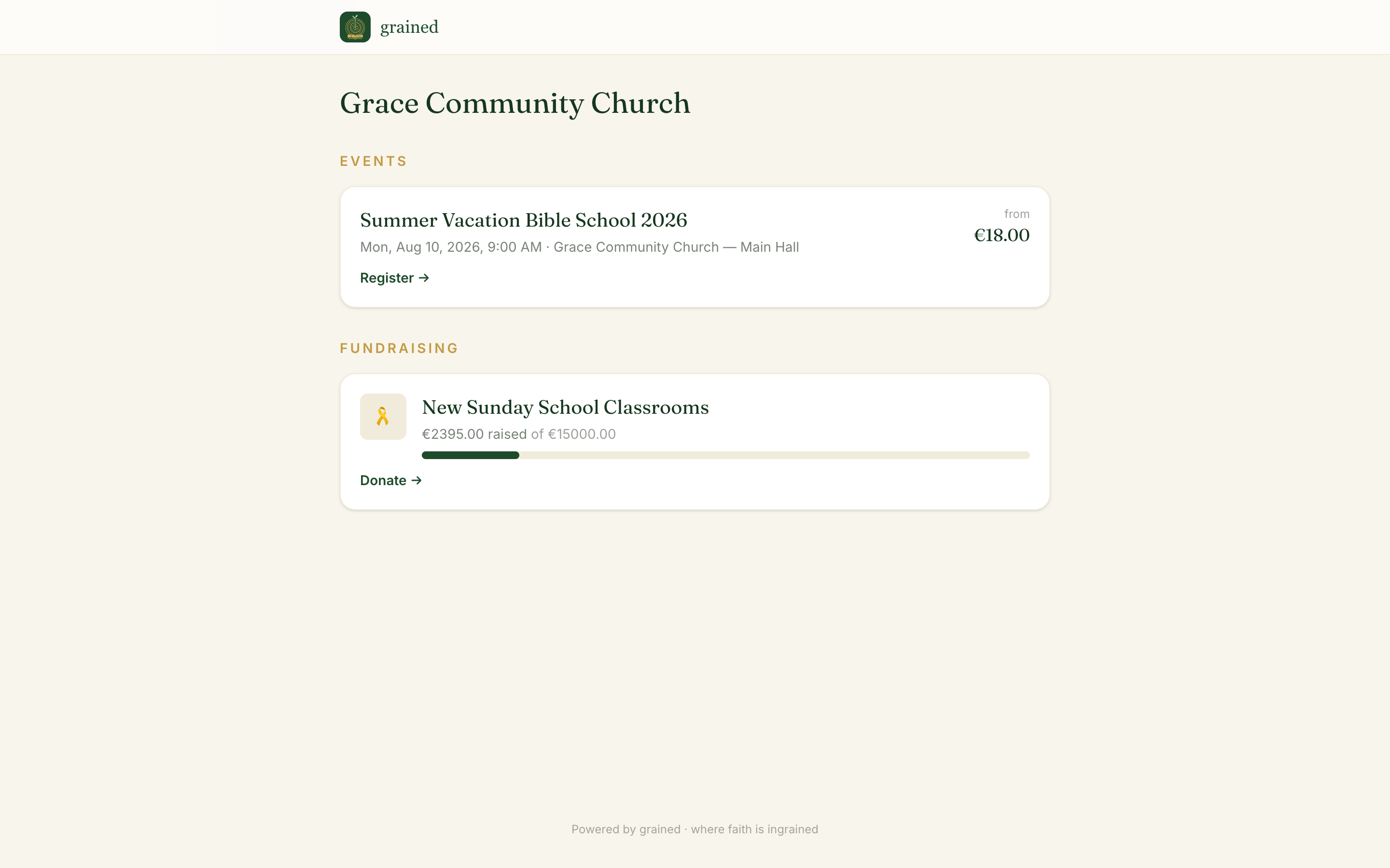 Public church storefront listing an event and a fundraising campaign