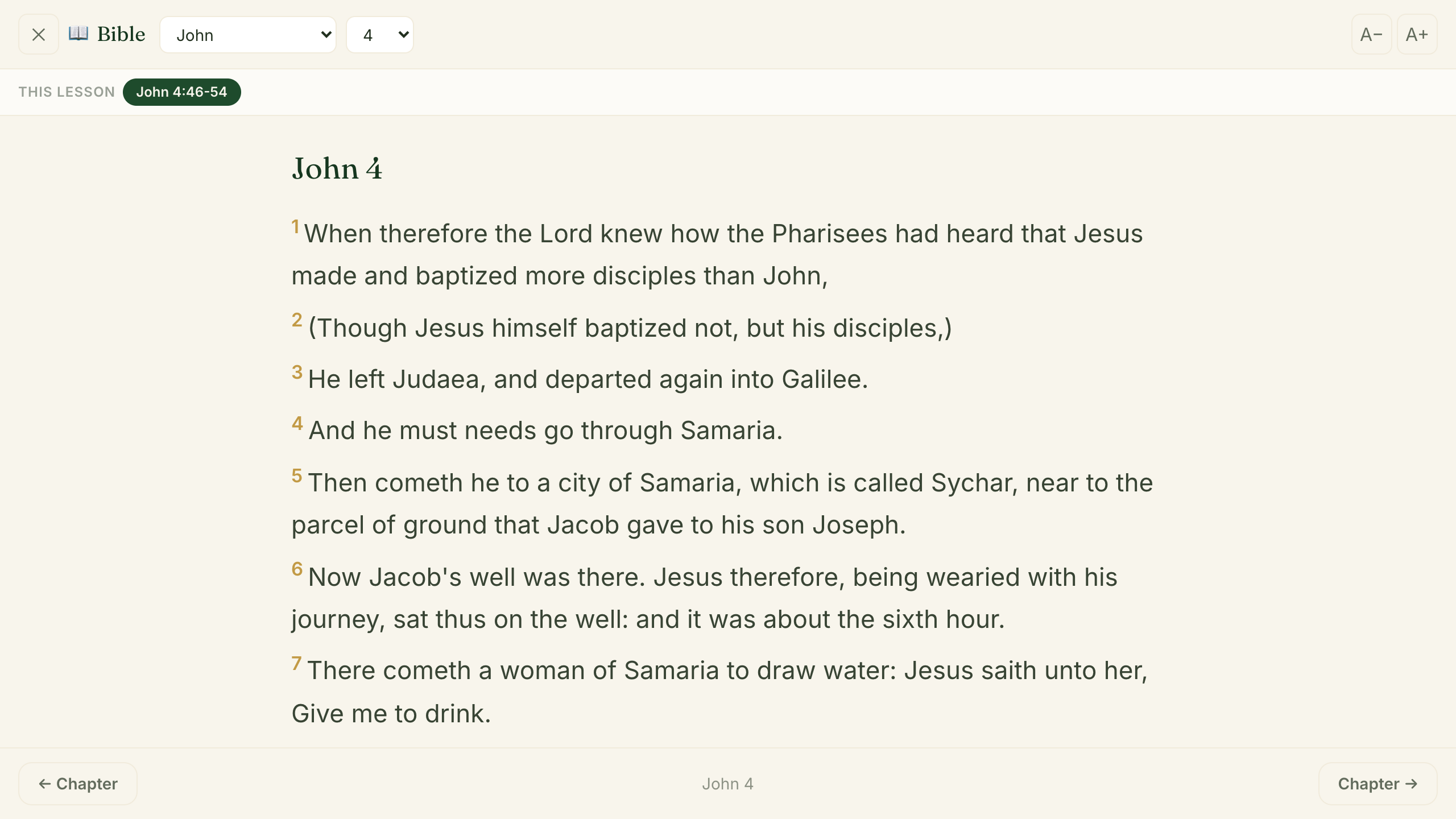The King James Bible open over teach mode at the lesson's passage