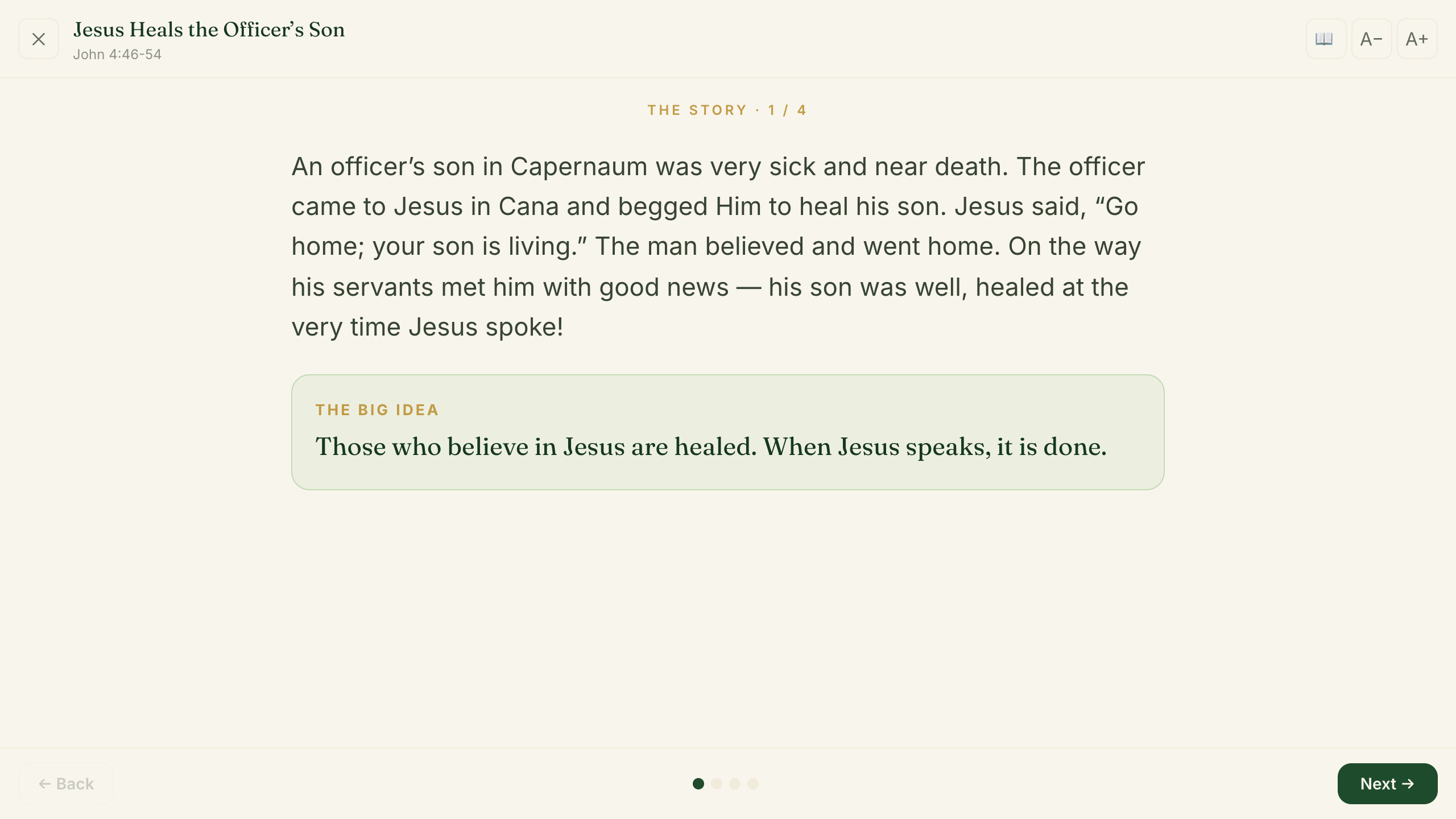 Teach mode presenter view showing a Bible story and its big idea