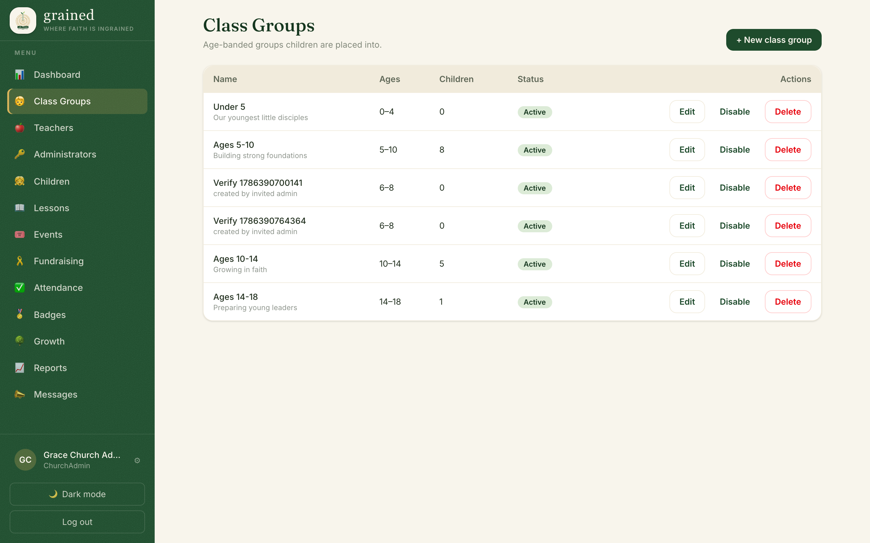 Class groups list with age ranges