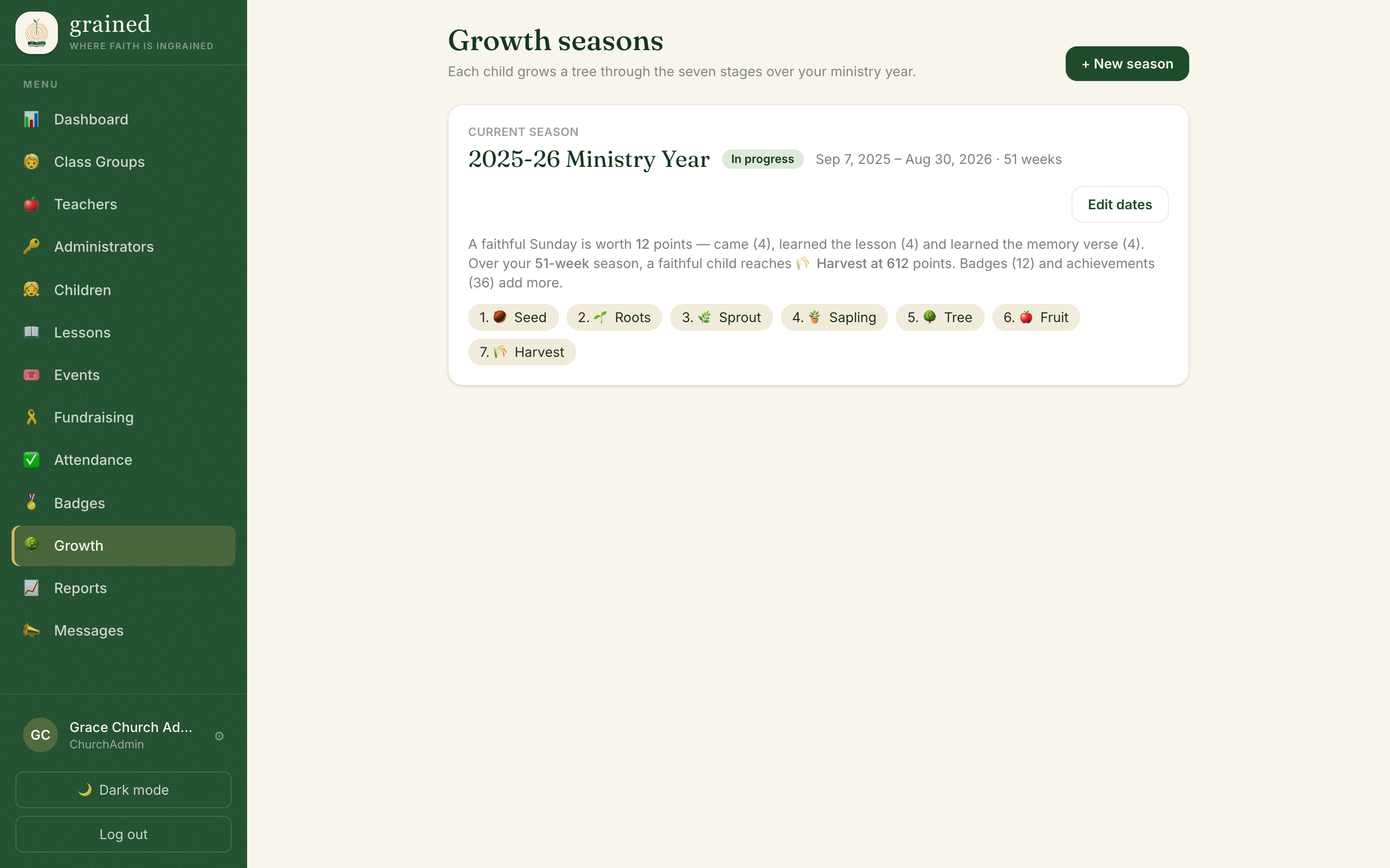 Growth season settings showing the seven stages