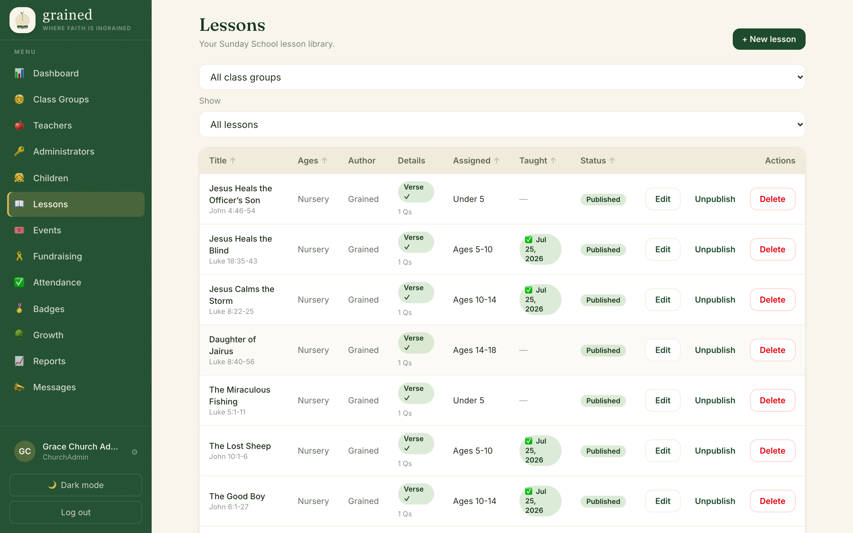 Lesson library list with status and taught columns