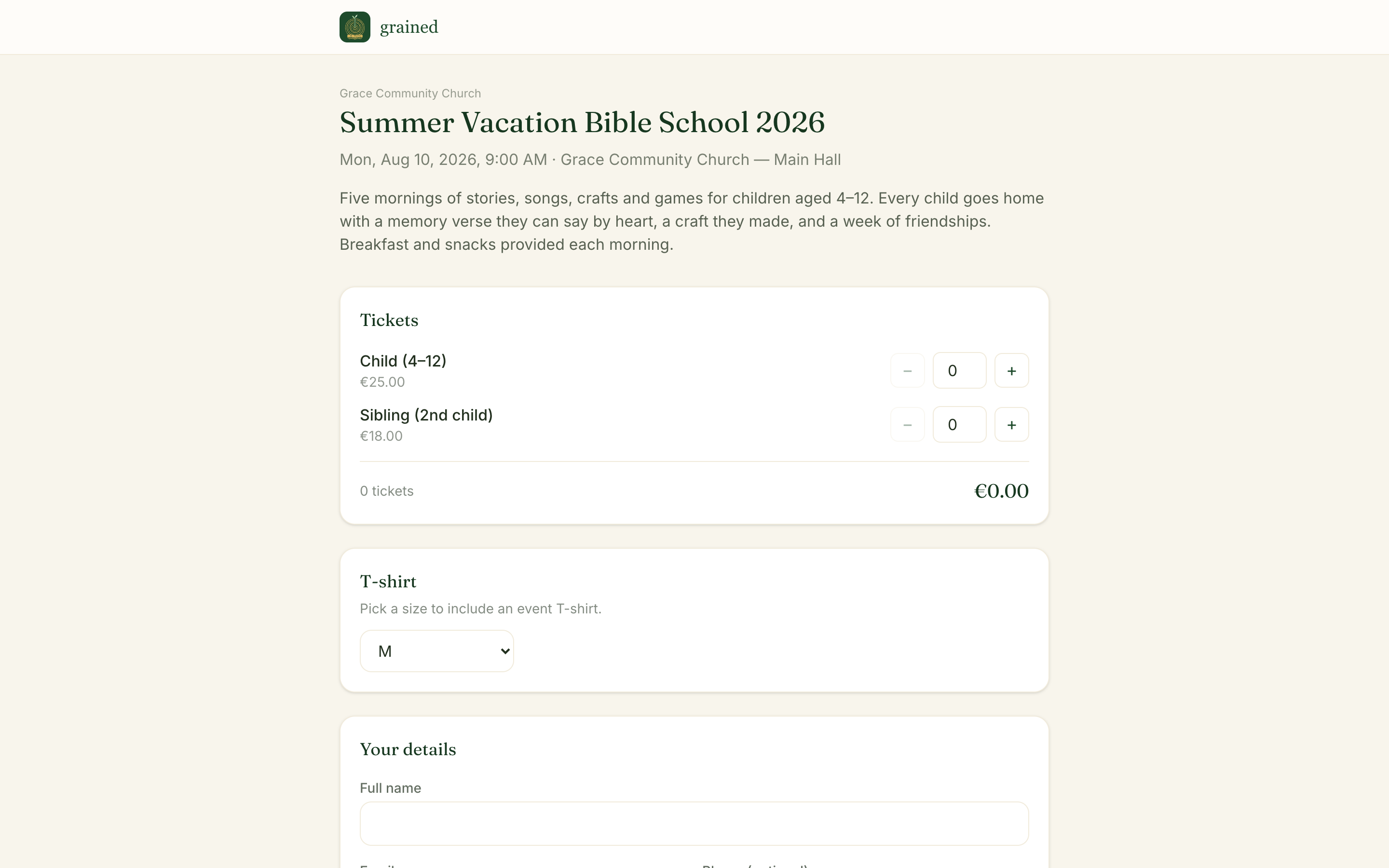 Public event registration page with ticket types